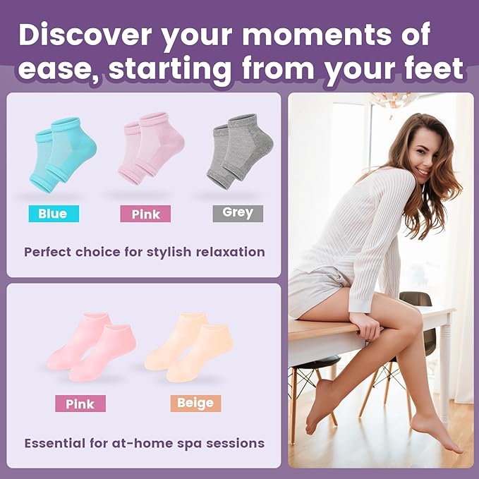 TEAWOO 5 Pairs Moisturizing Socks (2 Silicone Socks & 3 Heel Socks) for Dry Cracked Feet, Spa Gel Socks Foot Care After Pedicure, Toeless Socks to Soften and Hydrate Feet Heels
