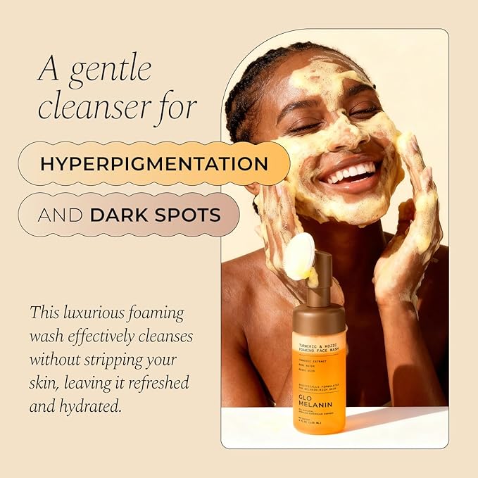 Glo Melanin Turmeric & Kojic Foaming Face Wash – Brightening Foaming Cleanser with Scrubber Top, Rose Water, Vitamin C, Aloe & Kojic Acid – Natural, Paraben-Free, 4 fl oz, 120 ml
