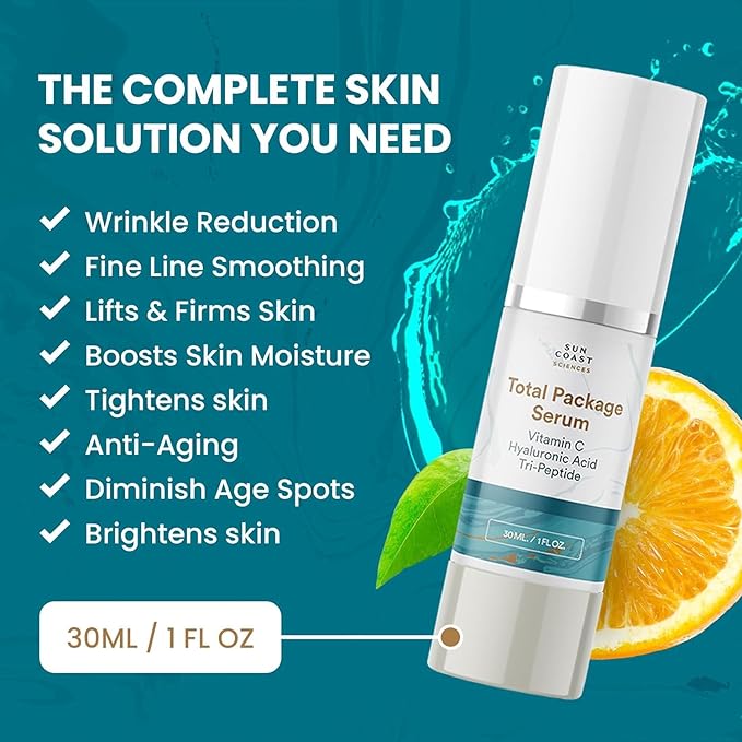 Sun Coast Sciences - Creamy Total Package Serum - Vitamin C Serum with Hyaluronic Acid & Peptides for Face - Hydrating Anti Aging Face Serum for Smoother, Firmer Looking Skin - 1 Fl Oz (Pack of 1)