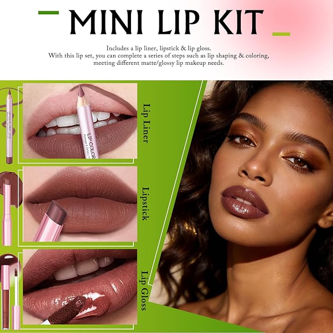 Reddish Brown Lip Combo Set - Matte Lip Liner Pencil, Hydrating Lip Gloss, Long Lasting Matte Lipstick Pen, High Pigment Lightweight Non Sticky High Shine Lip Tint Stain Makeup for Women