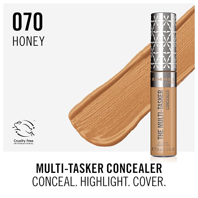 Rimmel London, Multi-Tasker Concealer, 070 Honey, Crease-Proof, Transfer-Proof, Waterproof, Up To 24-Hour Wear, Vegan Formula, 0.33oz (Pack of 2)