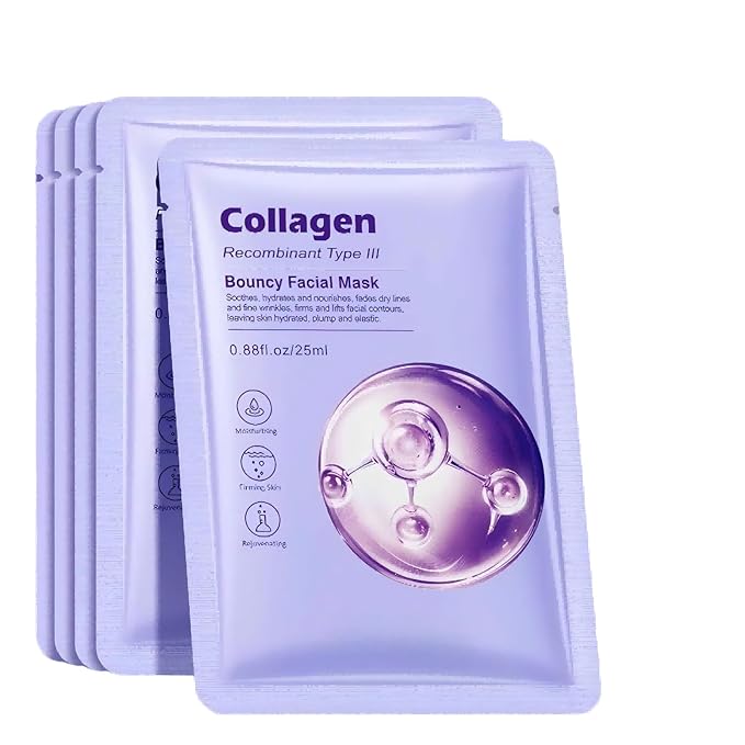 Collagen Face Mask with Recombinant Type III Collagen, Deep Hydrating & Bouncy Facial Mask, Moisturizing and Firming Sheet Mask for Smooth, Elastic Skin, Gentle for All Skin Types, 4PCS