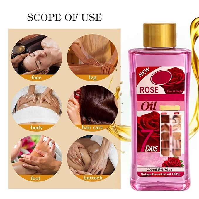 Rose Oil for Massage and Skin Moisturizing, Lightweight Hydrating Body Oil for Dry Skin, Spa Body Care Oil with Rose Extract, 200ml / 6.76 fl oz