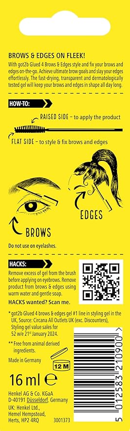 got2b Glued for Brows & Edges 2 in 1 Wand Eyebrow Gel, 72hr Hold, No White Residue or Stickness, Vegan, Silicone Free, Alcohol Free, 16 ml