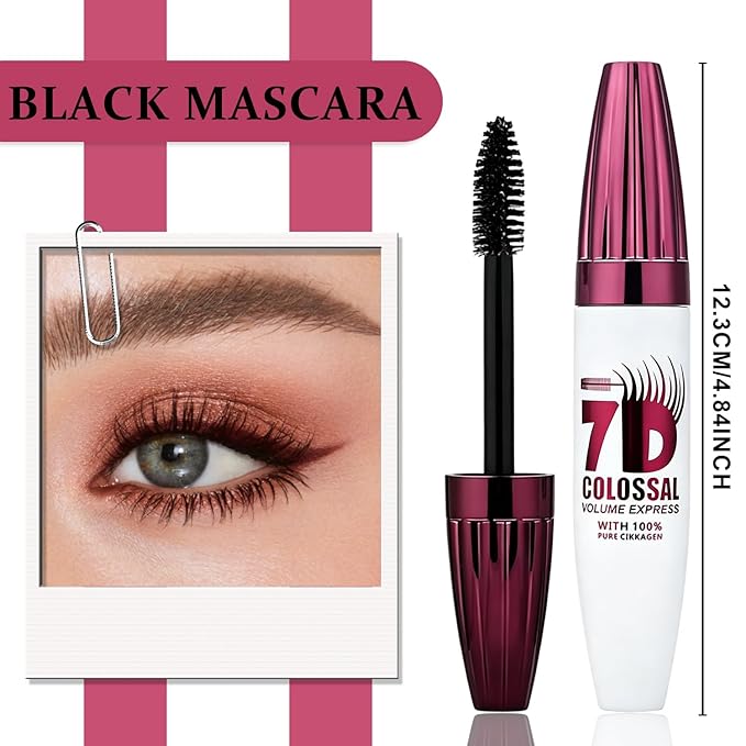 7D Waterproof Mascara 2pack,Volumizing&Lengthening Mascara, Long Lasting Smudge Proof Mascara,Black Buildable Thickening Mascara for Eyelashes,Thickening Eye Makeup for Defined Curl,For Women and Girl