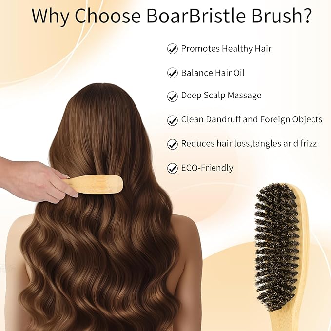 Boar Bristle Slick Back Hair Brush for Women, Smoothing Hair, Anti Frizz, Edge Control, Bamboo Hairbrush for All Hair Style-Regular