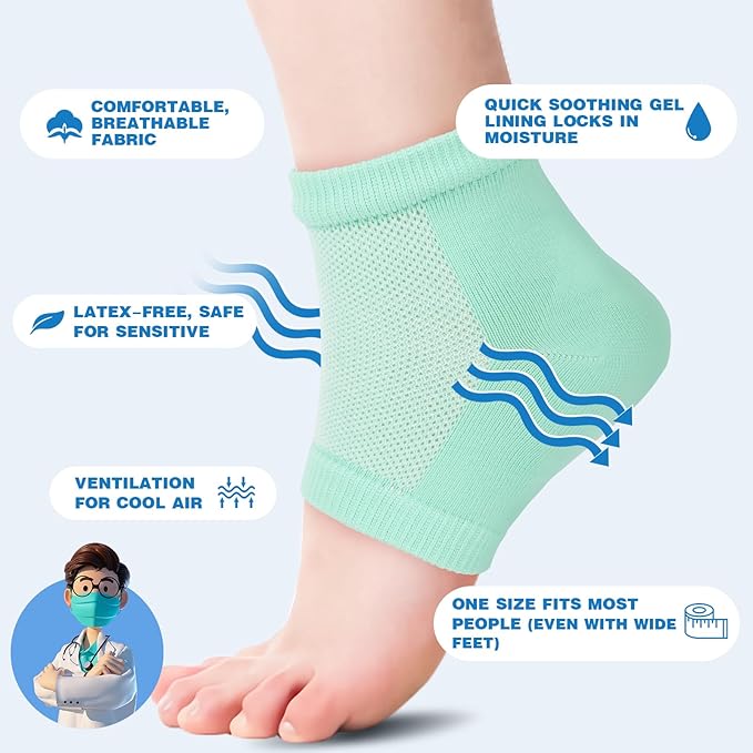 TEAWOO Moisturizing Heel Socks - 6 Pairs for Dry Cracked Feet, Toeless Gel Socks for Hydration and Repair