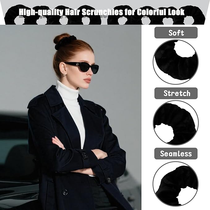 12 Pcs Scrunchies for Women, Premium Velvet Soft Scrunchies, Black Elastic Hair Bands, Bulk Hair Ties for Girls and Suitable for Various Occasions(Classic Black)