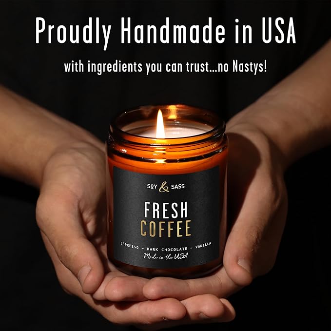 Fresh Coffee Candle - Black Candles for Men or Women - Dark Coffee Beans, Caramel & Vanilla Cream Soy Wax Scented Mens Candle - Infused w/Essential Oils | Long 50Hr Burn, 9oz I Non Toxic I Made in USA
