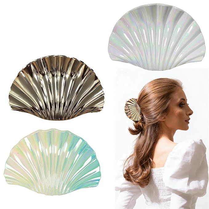 3PCS Seashell Claw Clip for Women 3.74 Inch Gold Shell Claw Clip for Thick/Thin Hair Hawaiian Hair Accessories for Girls, Hawaii Tropical Decor for Summer Beach Vacation (Gold White Blue Gradient)