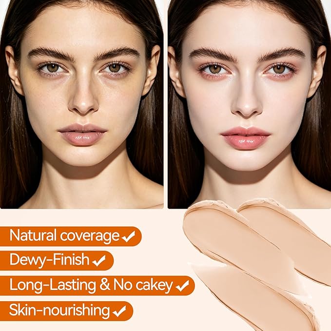 Korean Foundation Stick Foundation for Mature Skin Tint, Buildable Light to Full Coverage Foundation Makeup Concealer, Dual-Ended with Brush for All Skin - Natural Dewy Finish (LIGHT BROWN)