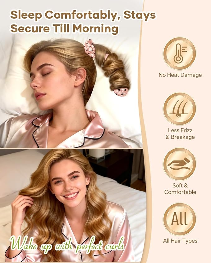 BONNET QUEEN Satin Heatless Hair Curler, Overnight Curls for Long Hair, Ultra Soft Daily Use of Hair Accessories & 2 Scrunchies, Damage-Free Styling, Soft Hair Curlers for Overnight, Pink