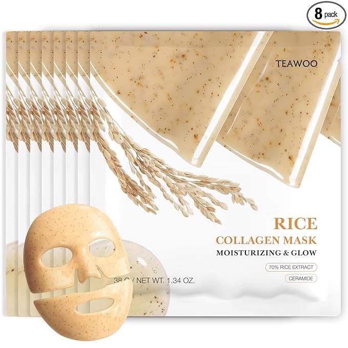 TEAWOO Rice Deep Collagen Face Mask, 38g x 8 EA, Moisturizing and Hydrating Overnight Facial Mask, Contains Ceramide & Collagen for Glass Glow Skin, Korean Skincare