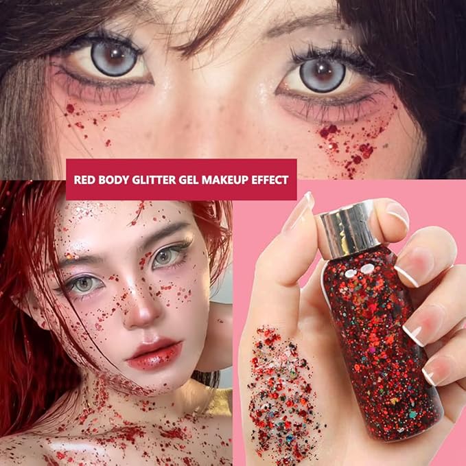 Body Glitter Gel, Mardi Gras Chunky Face Glitter Mermaid Sequins, Sparkly Hair Glitter,Singer Concert Festival Rave Accessories, Halloween Body Painting (#08 Dark Red)