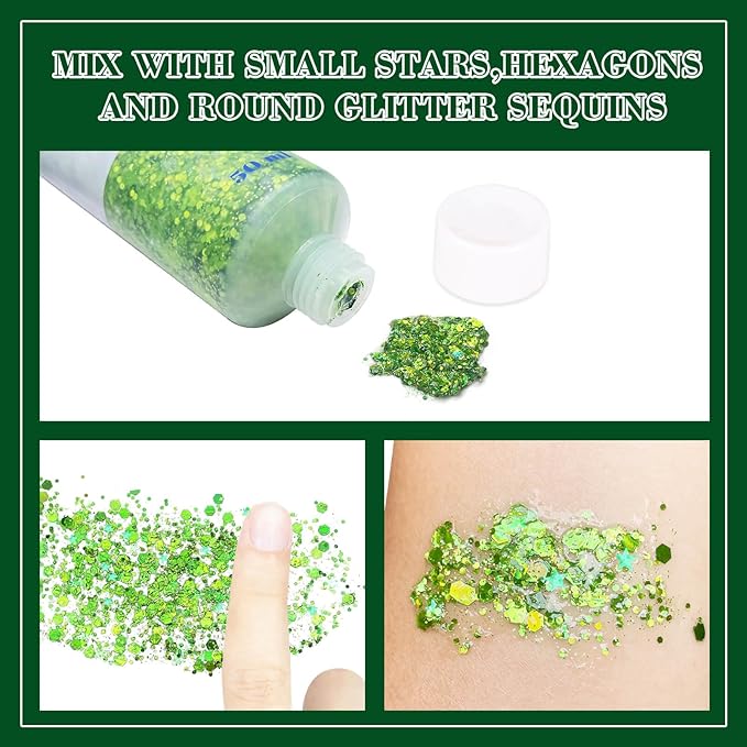 MEICOLY Lime Green Face Body Glitter for,St Patricks Day Accessories, Holographic St Paddys Face Glitter Self-Adhesive, Light Green Body Glitter,Chunky Glitter Face Paint for Party Festival Halloween