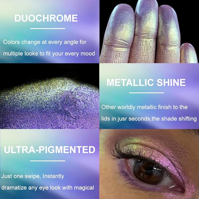 Afflano Single Purple-Gold Eyeshadow Shimmery, Duo Chrome Multichrome Eyeshadow Purple, Holographic Glitter Eye shadow, Color Change Sparkle Chameleon Eye shadow Luminizer Highlighter Makeup