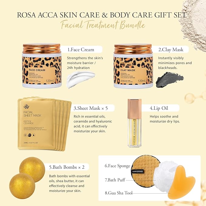 32 Pcs Mother's Day Gift for Mom, Leopard Facial Skin Care Set for Women, Home Spa & Self-Care Kit, Bath and Body Gift Basket Set, Face Sheet Mask, Wife, Birthday, Christmas, Valentines, Anniversary