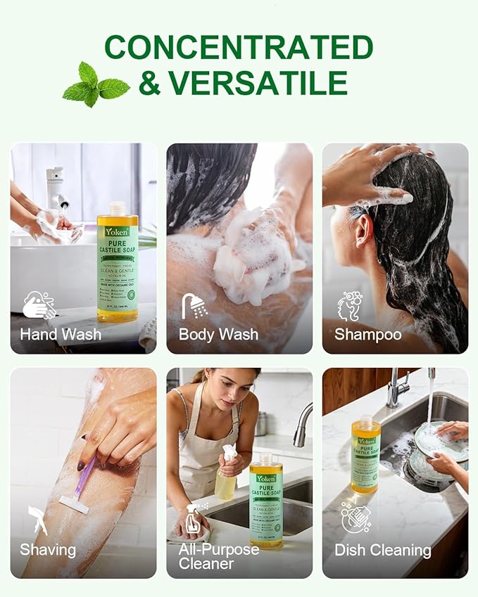 Yoken Peppermint Castile Soap Liquid (EWG Verified, 32 OZ) Made with Certified Organic Oils, Gentle Peppermint Soap for Body Wash, Face, Hands, Dishes, Laundry & More, Vegan Natural Versatile Cleanser