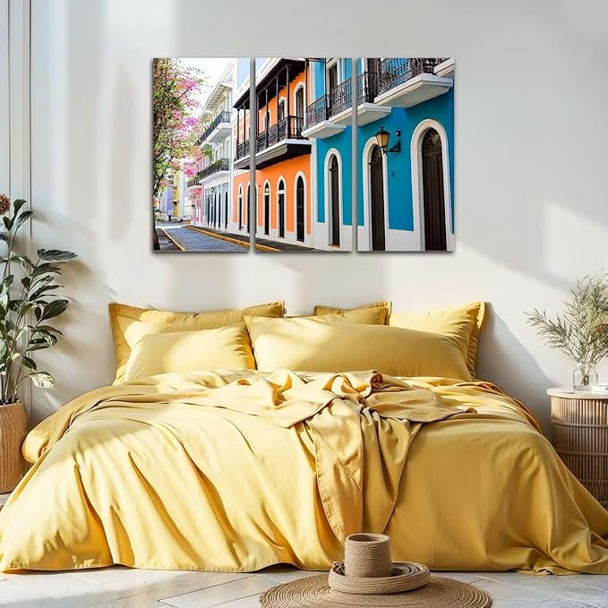 3 Piece Canvas Wall Art Prints Picture colorful house facades old san juan puerto rico colorful island Framed Wall Painting Modern Artwork Poster Home Decor for Living Room Office Ready to Hang
