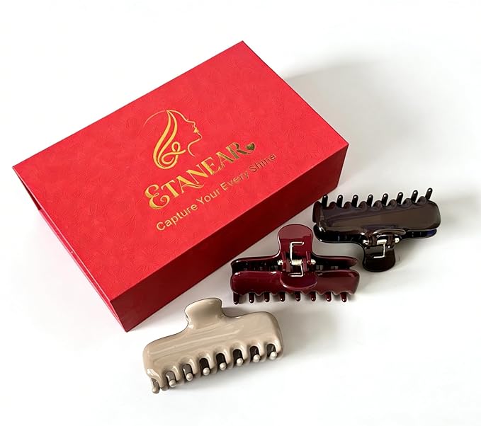 3Pcs Rectangle Hair Claw Clips for Women, 3.8" Premium PC Material Non-Slip Strong Hold Hair Claw for Thick Thin Hair, Durable Comfortable Jaw Clip Large Stylish Hair Accessories Gift Box Set