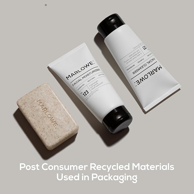 MARLOWE. Men's Skin Care Set, 3-Piece Best Sellers Kit, Exfoliating Scrub Soap Bar, Purifying Facial Cleanser & Hydrating Facial Moisturizer, Great Gift for Men, Clean, Vegan Grooming Essentials