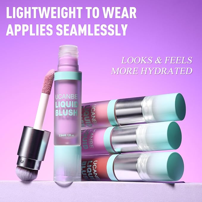 UCANBE Dual-Ended Liquid Blush with Angle Applicator & Built-In Brush, Seamless Buildable Blendable Lightweight Cheek Tint Makeup, Long Lasting Creates Dewy Natural Flush Finish - Lavender