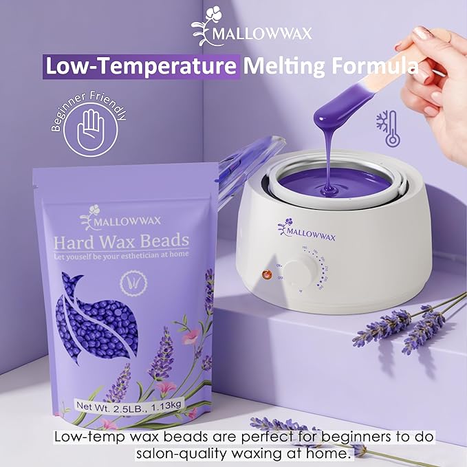 Mallowwax Hard Wax Beads 2.5lb for Hair Removal – Low-Temp Waxing Beads for Brazilian, Bikini, Face & Body – Full-Body Hard Wax for Coarse or Fine Hair, Gentle for Sensitive Skin, Home or Salon Use