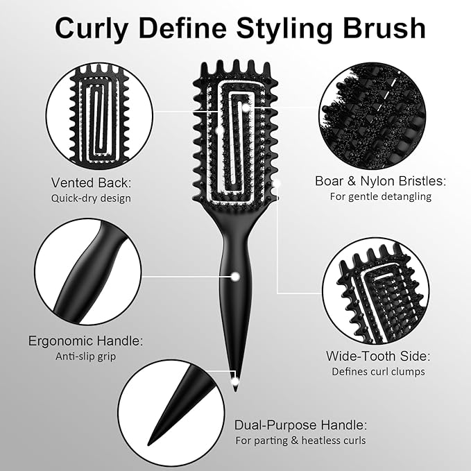 Curly Hair Brush, Curl Defining Brush with Soft Boar Bristles Detangling Tangled Glides, Wide-Teeth Design Effortlessly Shaping & Defining Curls (Matte Black)