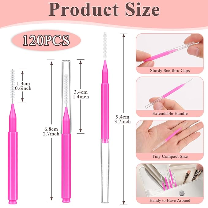 MAPVOLUT 120 Pcs Micro EyeBrow Lash Brush with Cap - Professional Beauty Mini Spoolies for Makeup, Brow Lamination and Travel - Perfect for Makeup Artists/Starters, Beauty Lovers, and Gifting (Rose)