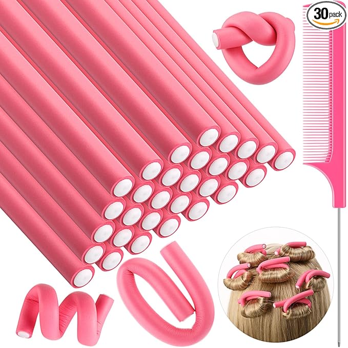 Syhood 30 Pcs 7'' Flexible Curling Rods Twist Foam Hair Rollers Soft Foam No Heat Hair Rods Rollers and 1 Steel Pintail Comb Rat Tail Comb for Women Long Short Hair(Pink,7 x 0.55 Inch)