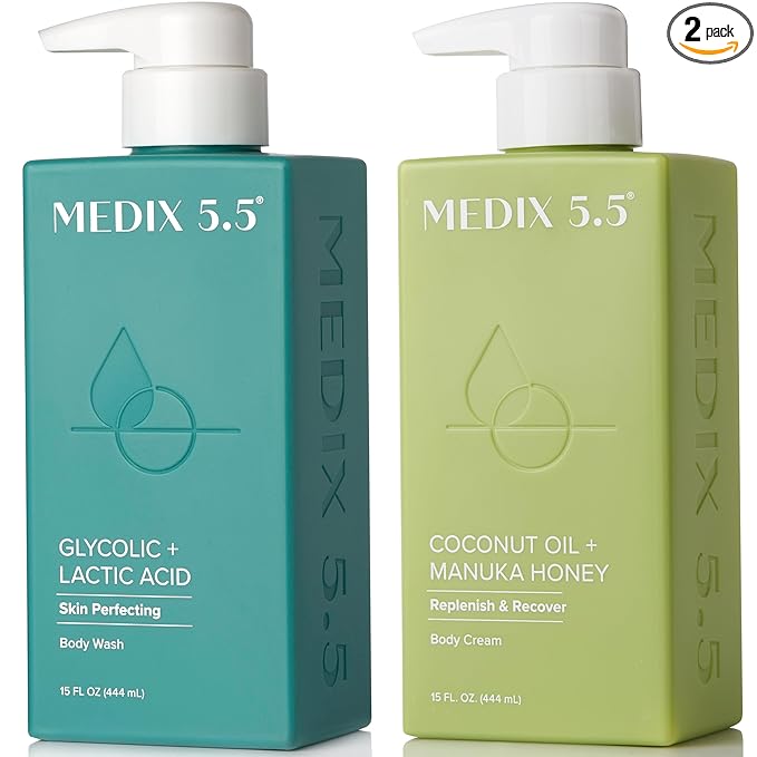 MEDIX Exfoliating Glycolic Acid Body Wash & Face Wash + Coconut Body Lotion Skin Care Set | Coconut Oil Lotion Body Cream & AHA + Lactic Acid Foaming Body Wash For KP Bumps, Keratosis Pilaris, & Acne