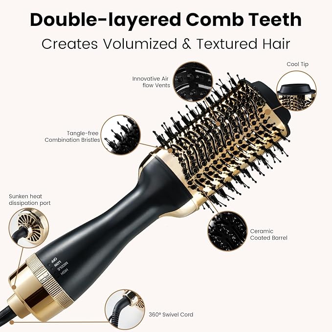 4-in-1 Hair Dryer Brush, Ionic Ceramic Titanium Hot Air Styler with ALCI Safety Plug, 3 Heat Settings for Frizz-Free Blowouts, Salon Volumizer and Straightener (Gold)