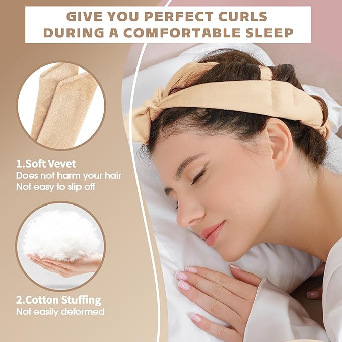 Heatless Curls Overnight Hair Curlers to Sleep In Overnight Curls for Women Heatless Hair Curler for Long Hair Overnight Headband （Khaki）