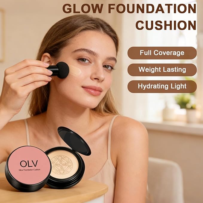 Glow Cushion Foundation, Mushroom Head Air Cushion CC Cream, Lightweight Face Makeup Foundation Moisturizing BB Cream Foundation Brighten Long-Lasting Full Coverage for All Skin Types (Warm)