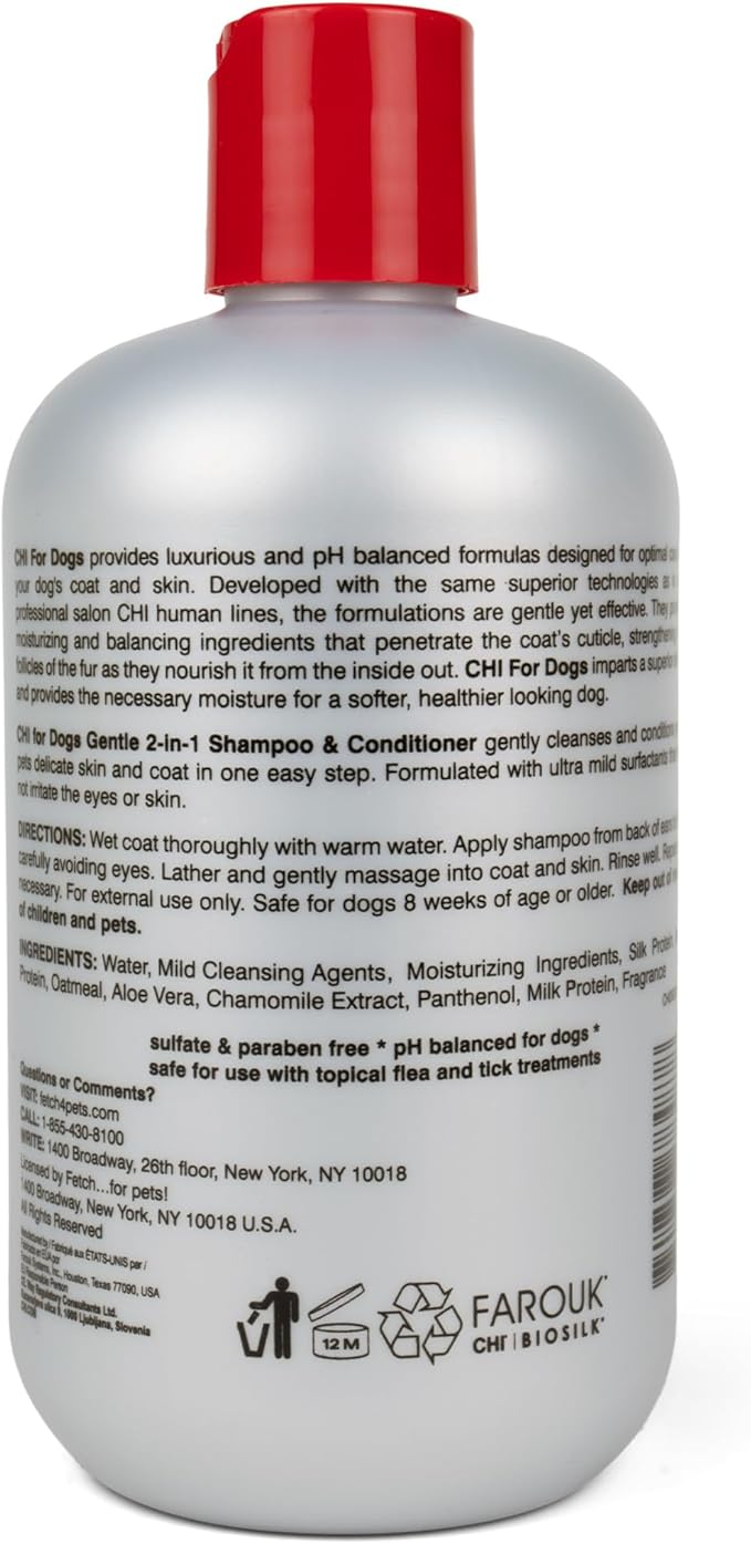 CHI for Dogs Gentle 2-in-1 Shampoo and Conditioner, Ionic Technology pH Balanced Dog Wash with Silk and Milk Proteins, Sulfate and Paraben Free, All Coats and Breeds, 16 Fl Oz