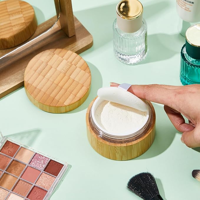 Frienda 50 ml Bamboo Loose Powder Puff and Container Empty Dusting Powder Jar for Body Face Makeup Travel Box Compact Case Holder with Sifter Lids and Puff