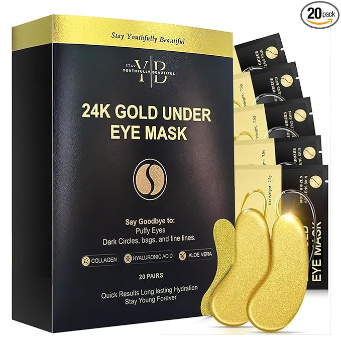 24K Gold Under Eye Patches (20 Pairs) Anti-Wrinkle Hydrogel Eye Mask with Collagen & Hyaluronic Acid -Reduces Dark Circles, Puffiness & Fine Lines - Eye Treatment for Men & Women