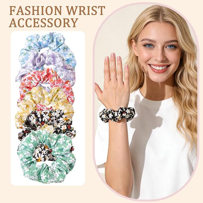 6 Pieces Floral Scrunchies for Women, Cute Scrunchies Hair Ties Ponytail Holder Fresh Sweet Flowers Printing Hair Accessories Gift for Women Girls