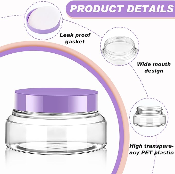 Tessco for you 24 Pack Plastic Jars with Lids Labels Multiuse Slime Containers Empty Body Scrub Jars Round Refillable Cosmetic Body Butter Container for Makeup (5 oz,Clear,Purple)