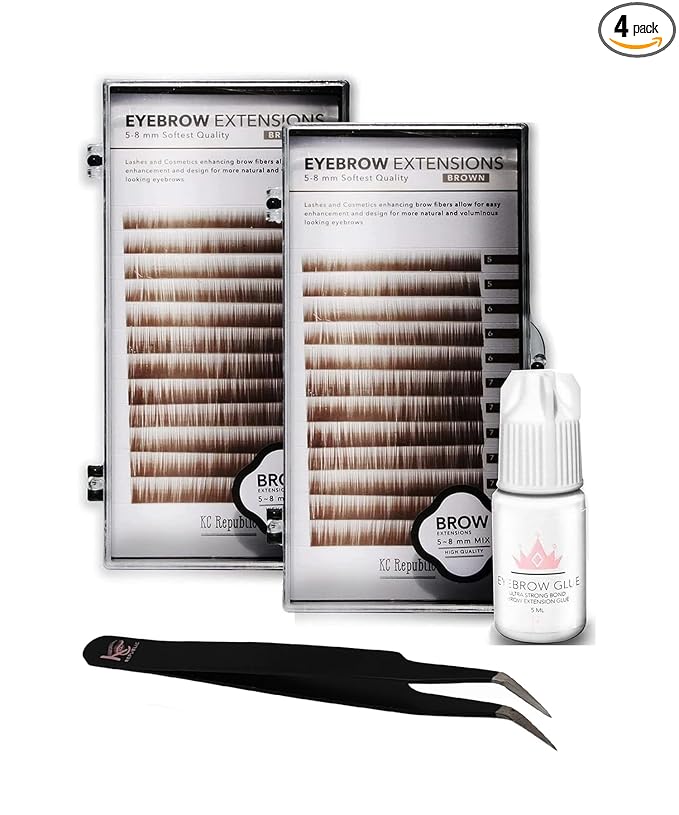 Lash Eyebrow Extensions Kit with 2 Trays of Mink False Eyebrows in Brown, Eyebrow Glue Clear & Extension Tweezers, Comes on Mixed Length Trays 5-8 mm (Brown 2-Pack, Black Tweezer)