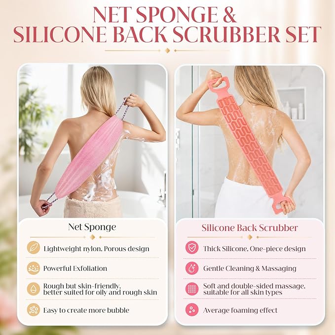 Manmihealth Silicone Back Scrubber for Shower & African Bath Sponge Set, Upgrade 33.8'' Long Silicone Back Brush & Exfoliating Net Sponge Combination, Dual-Sided Use Shower Loofah (Pink+Pink)