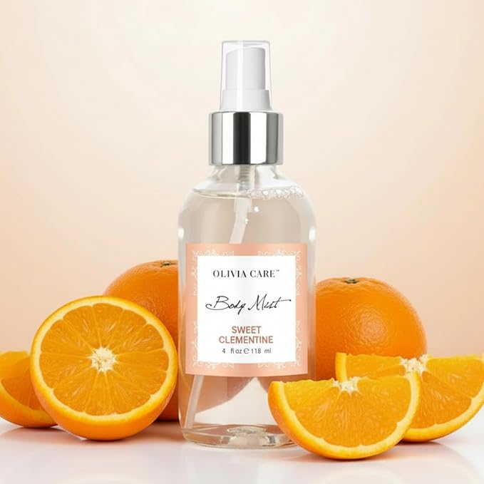 Olivia Care Body Mist Spray Made with Natural Sweet Clementine Scent - Refreshing, Soothing, Cooling & Moisturizing - Eliminate Odor with Fresh Floal Aroma - 4 FL OZ