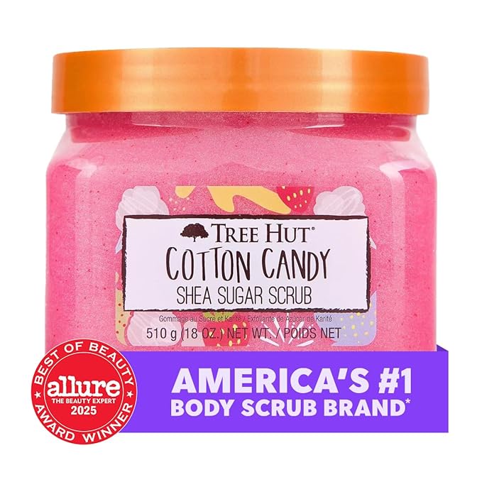 Tree Hut Cotton Candy Body Scrub, Exfoliating & Hydrating Sugar Scrub with Shea Butter & Essential Oils, Smooth Skin, Body Exfoliator For All Skin Types, Self Care Gifts for Women, Vegan, 18 Oz