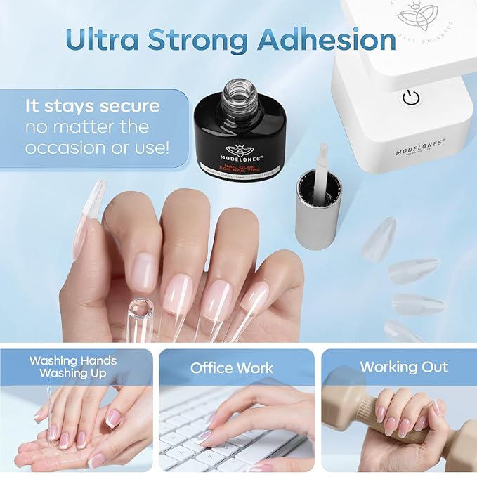 modelones 10 in One X Nail Gel Glue Gel Base Coat Brush On Nail Polish Glue 15ml for Tips, Rhinestones, Blooming Art Gel Kit for Acrylic Tips U V Lamp Needed