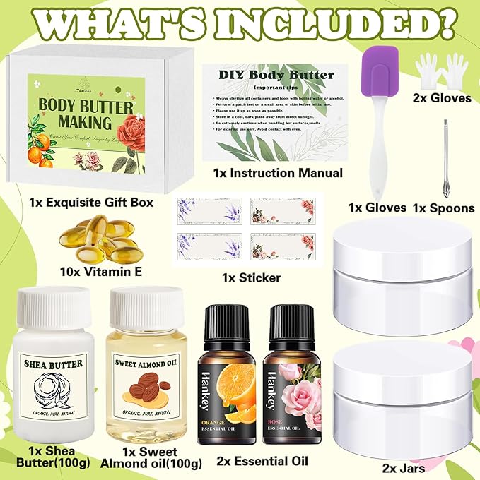 Thaluna Whipped Body Butter Making Kit for Dry Skin, DIY Solid Shea Butter Body Lotion Making Kit with Sweet Almond Oil, Vitamin E, Essential Oil - Moisturizing for Body Christmas Gifts for Women