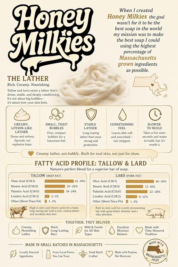 Goat Milk Soap with Tallow – Honey Milkies Oatmeal Bar (3.3oz) – Handmade in Boston – Cold Process Natural Soap with Grass Fed Tallow, Lard, Raw Honey & Goat Milk (Oatmeal)