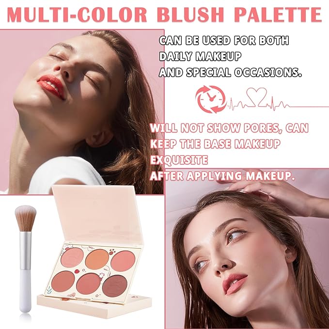 6 Colors Blush Palette for Cheeks with Make Up Brush,Face Matte Contour Blush Makeup Palette,Buildable Shimmer Facial Cheek Blusher Shades,Blendable Cosmetic Makeup Blush