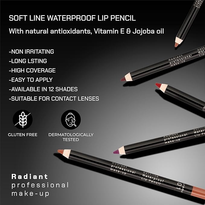 Radiant Professional Waterproof Lip Liner Pencil – Long Lasting, Creamy & Highly Pigmented Lipliner with Vitamin E & Jojoba Oil – Smudge-Proof, Smooth Lip Contour, 1.20 g (27 RUBY)