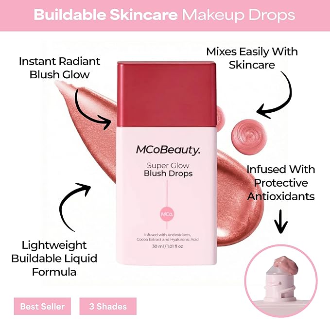 MCoBeauty Super Glow Blush Drops - Rose Pink - Liquid Cheek Color - Buildable Warm Flush with Jojoba Oil Hyaluronic Acid Cocoa Extract White Tea Antioxidants - Vegan & Cruelty Free