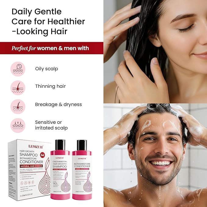 Gentle Shampoo & Conditioner Set for Thinning Hair and Itchy Scalp – Natural Biotin, Onion & Rosemary Formula, Sulfate Free, Paraben Free, Nourishing, Safe for Sensitive Scalp, 25 Fl Oz